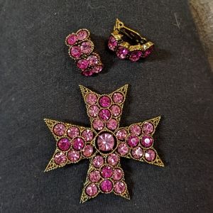 Vintage Maltese Cross with matching clip earrings